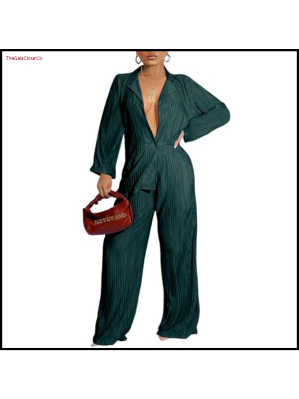 Pleated 2 Piece Outfit Button Down Shirt Wide Leg Pants Set